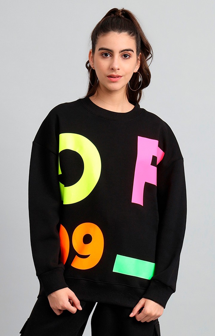 GRIFFEL | Women's 's Black GFL09 Print Oversized Round Neck Cotton Fleece Sweatshirt