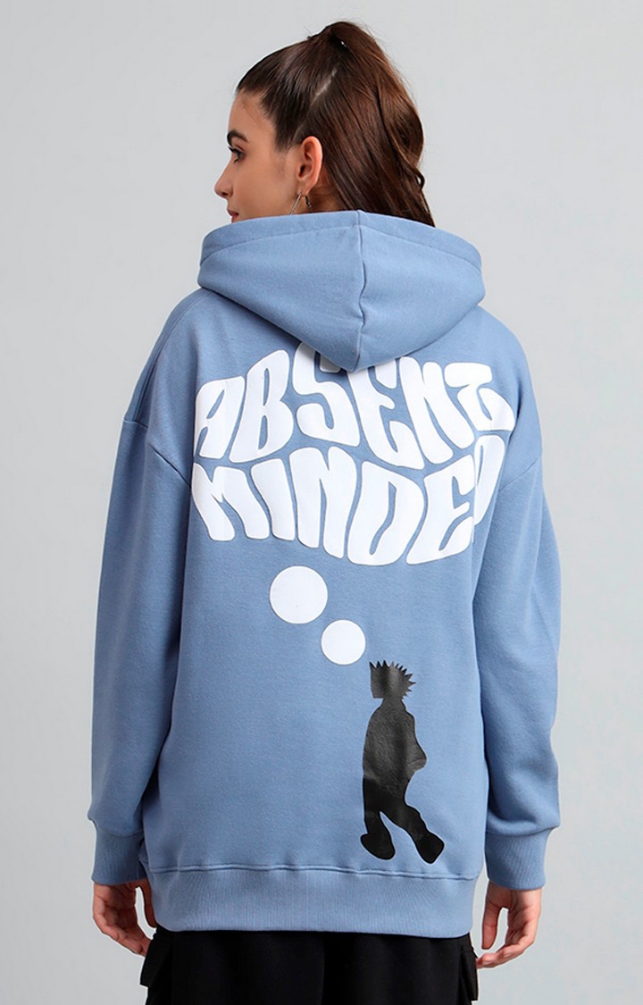 Women's 's Sky Blue Absent Minded Print Oversized Fleece Hoodie Sweatshirt
