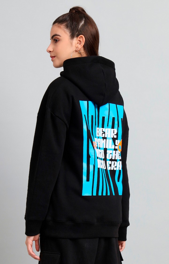 Women's 's Black New Era Print Front Logo Oversized Fleece Hoodie Sweatshirt