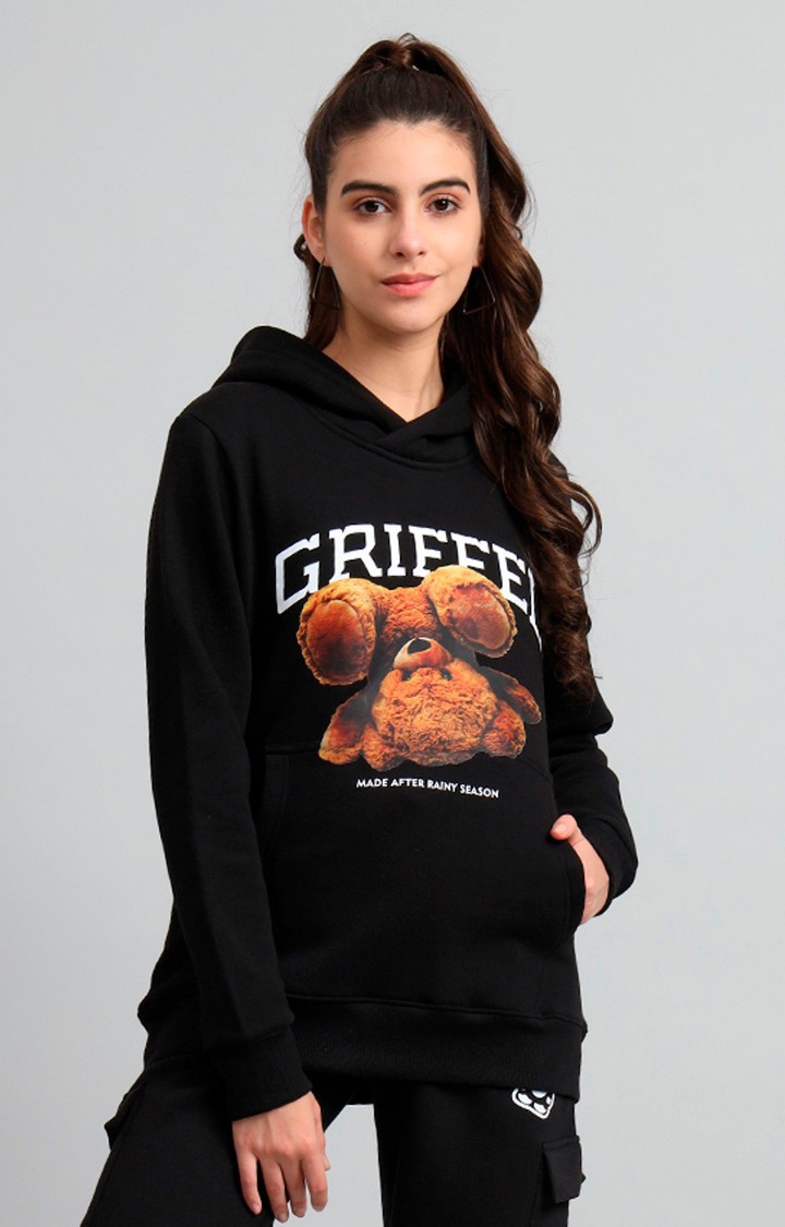 GRIFFEL | Women's 's Black Bear Print Regular Fit Cotton Fleece Hoodie Sweatshirt