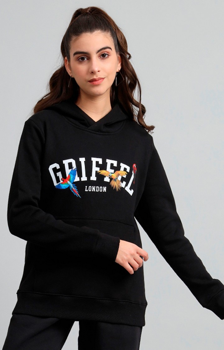 GRIFFEL | Women's 's Black Birds Print Regular Fit 100% Cotton Fleece Hoodie Sweatshirt