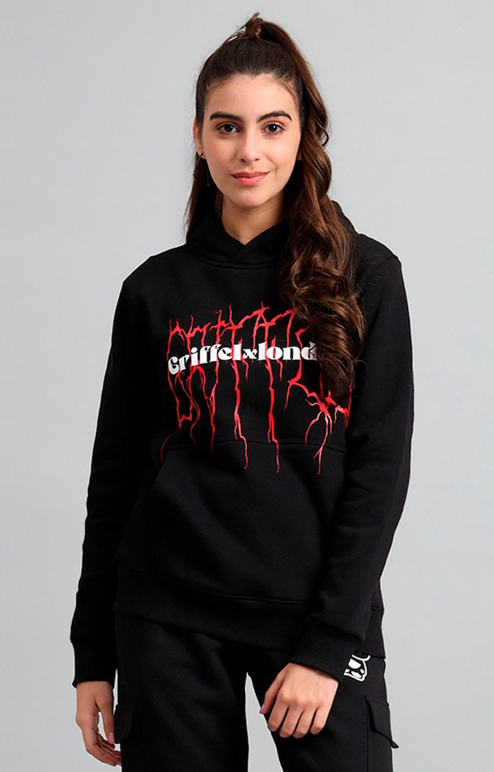 GRIFFEL | Women's 's Black XLondon Storm Print  Cotton Fleece Hoodie Sweatshirt
