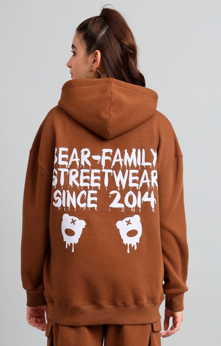 GRIFFEL | Women's Brown Bear Family Print Front Logo Oversized Fleece Hoodie Sweatshirt