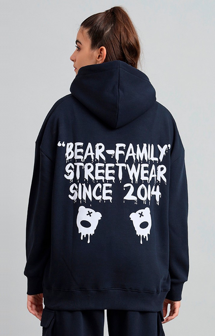 Women's Navy Bear Family Print Front Logo Oversized Fleece Hoodie Sweatshirt