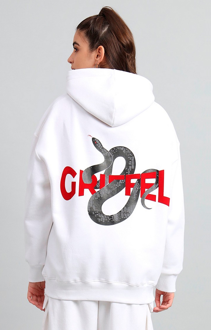 GRIFFEL | Women's 's White SNAKE Print Front Logo Oversized Fleece Hoodie Sweatshirt