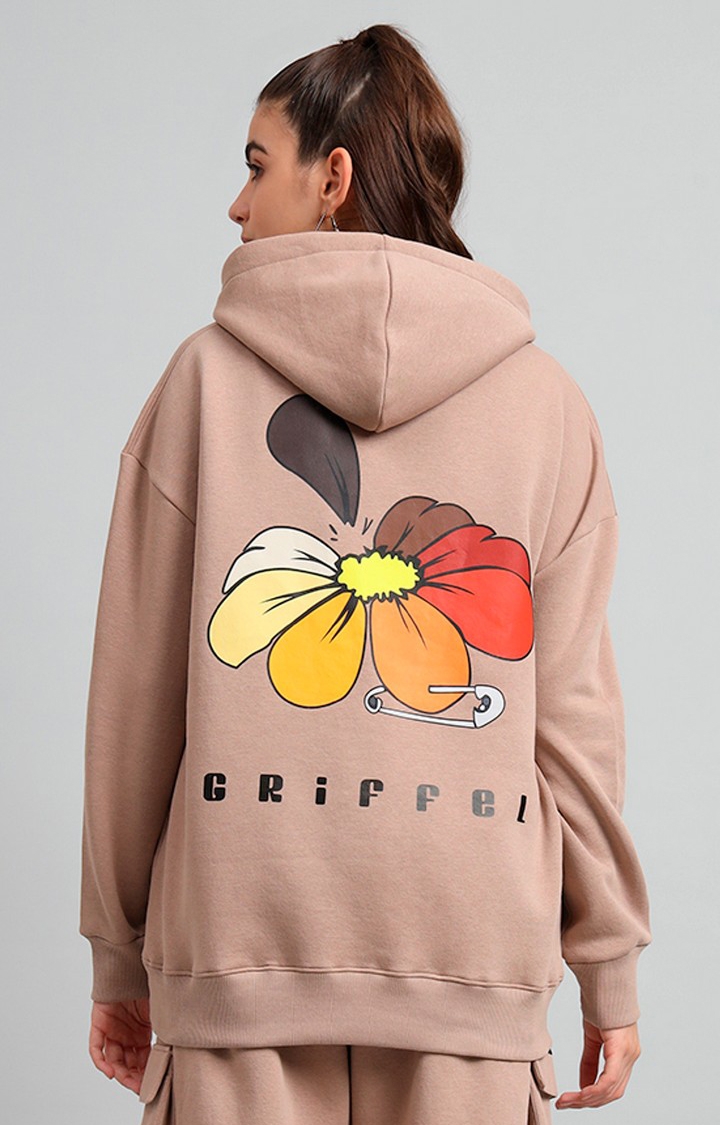 GRIFFEL | Women's 's Camel Flower Print Front Logo Oversized Fleece Hoodie Sweatshirt