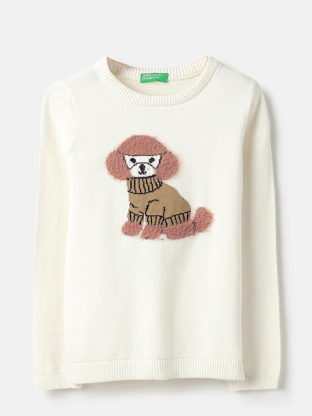 United Colors of Benetton Regular Fit Round Neck Applique Poodle In Furry Yarn Sweatshirt
