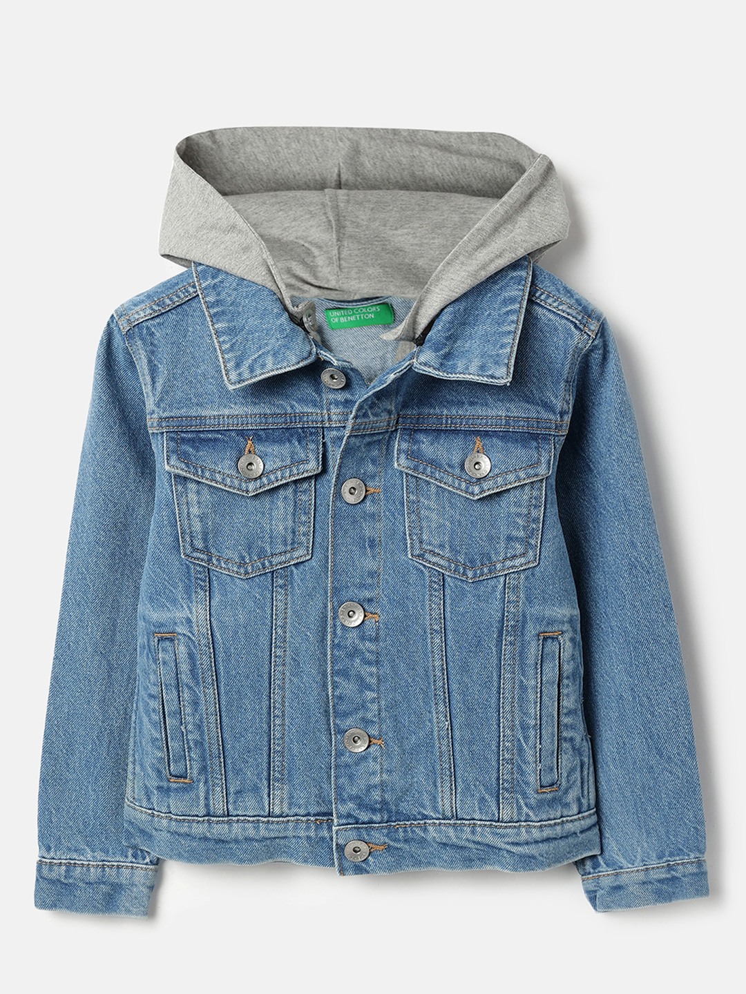 United Colors of Benetton Regular Fit Hooded Neck Solid Denim Jacket