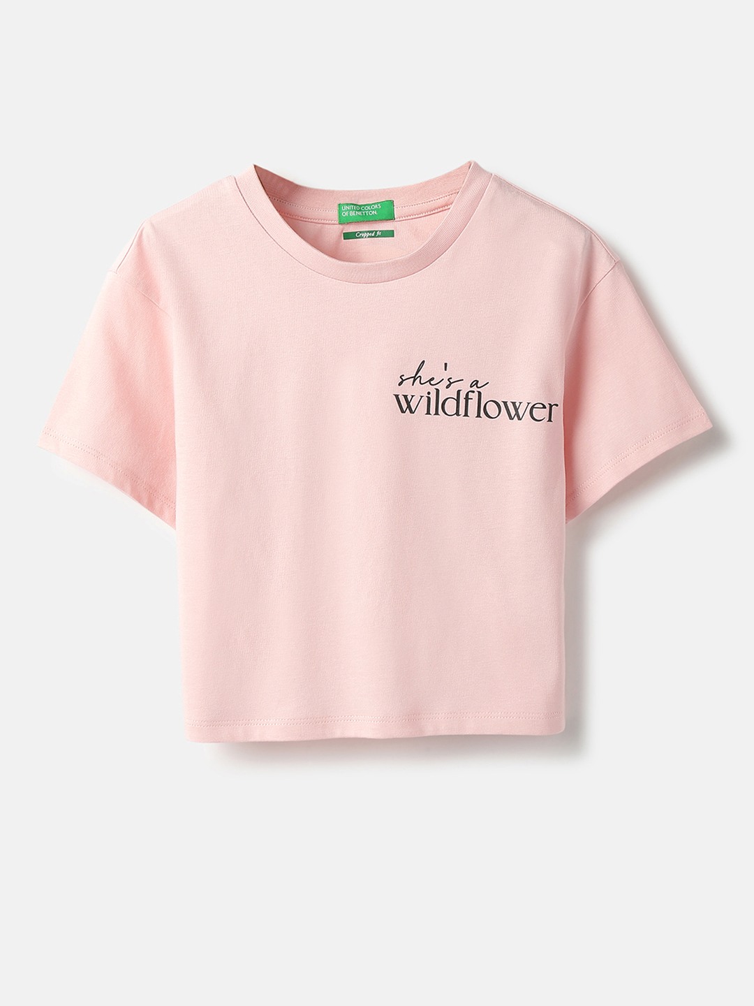 United Colors of Benetton Cropped Fit Round Neck Printed Wild Flower Back Girl Print T-Shirt