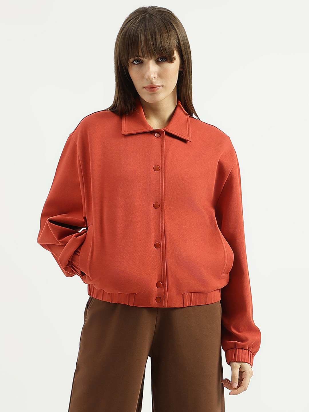 United Colors of Benetton Regular Fit Shirt Collar Solid Snap Button Interlock Jacket