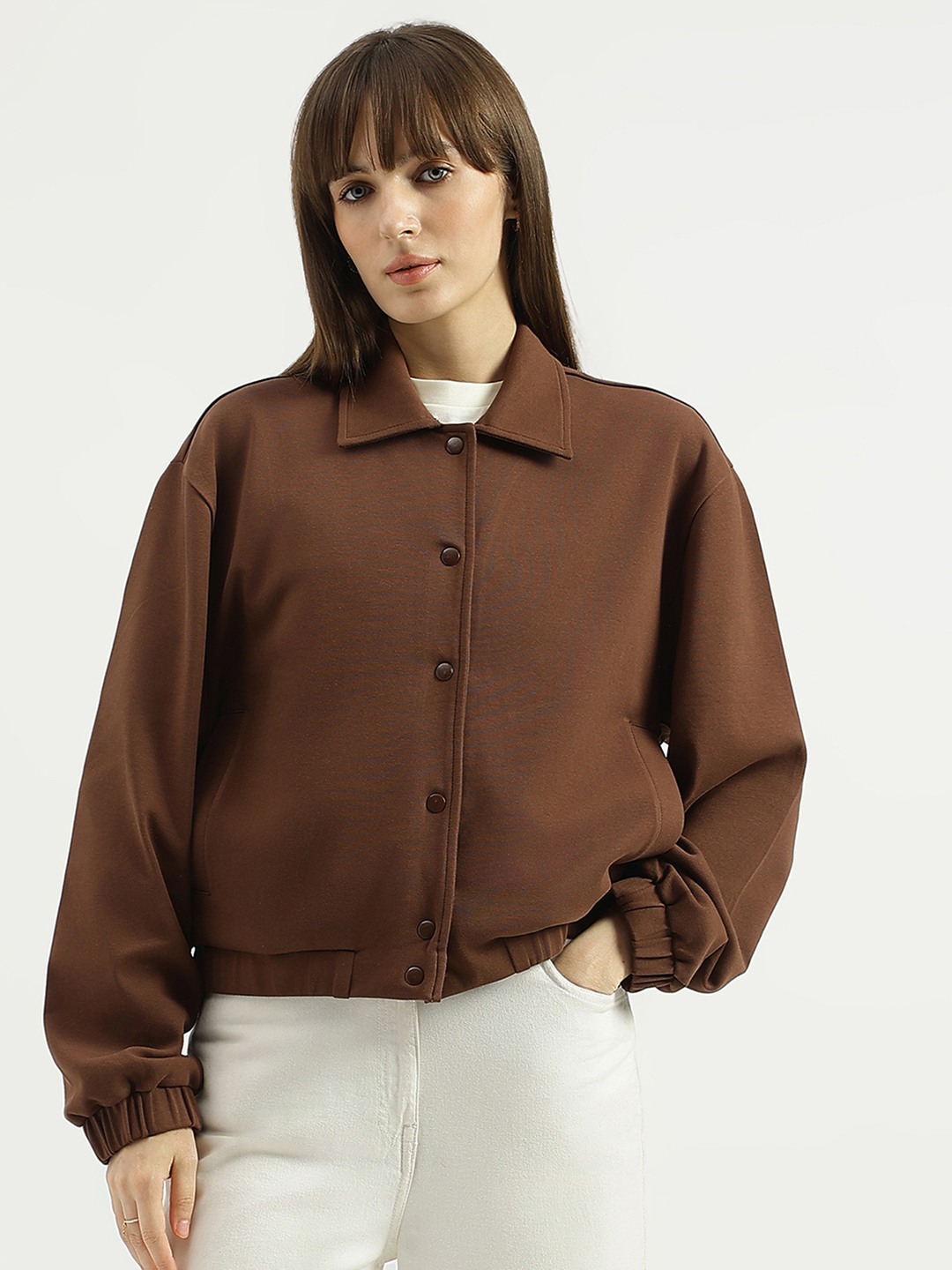 United Colors of Benetton Regular Fit Shirt Collar Solid Snap Button Interlock Jacket