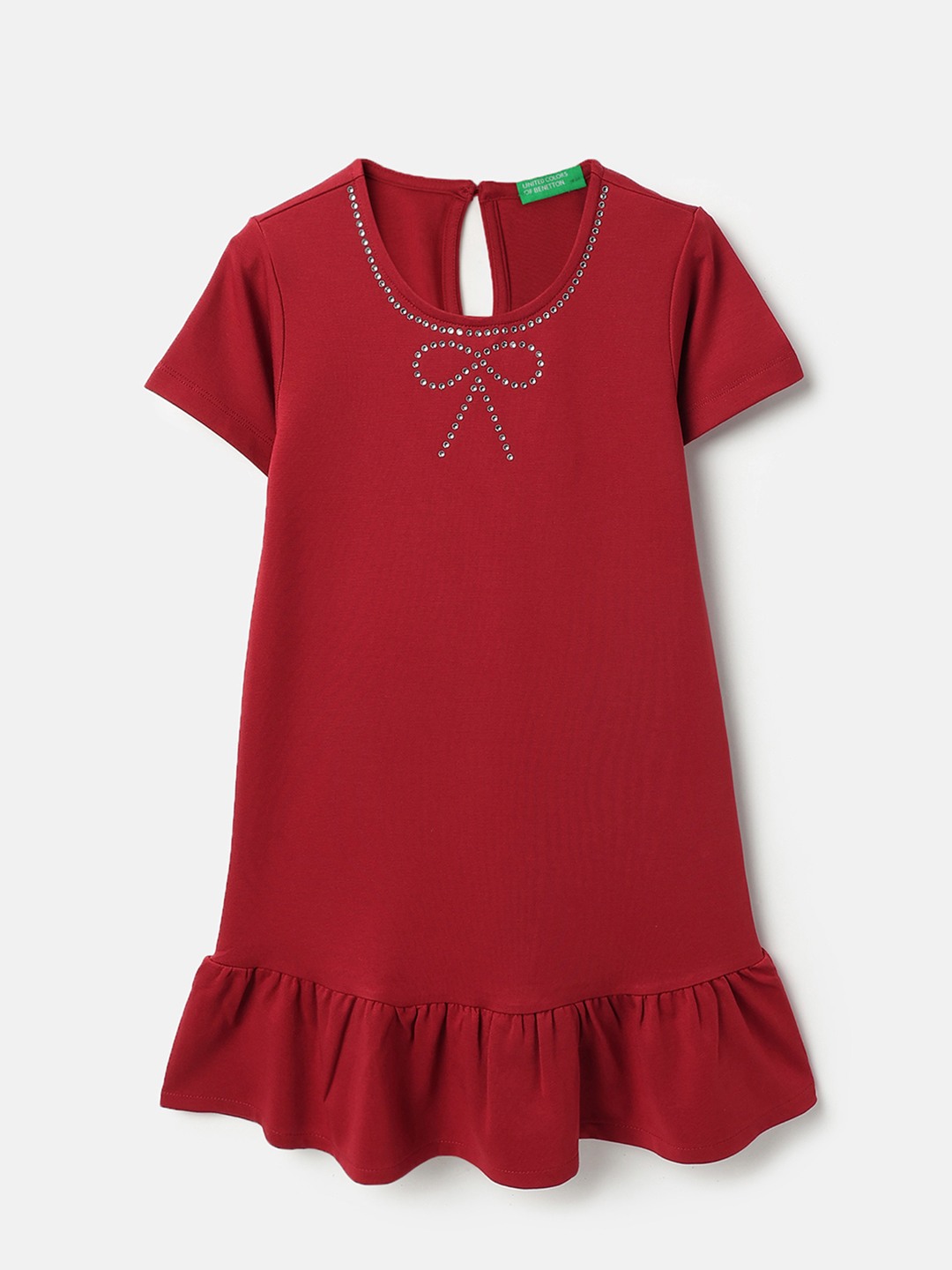 United Colors of Benetton Regular Fit Round Neck Solid Embellished Bow Interlock Dress