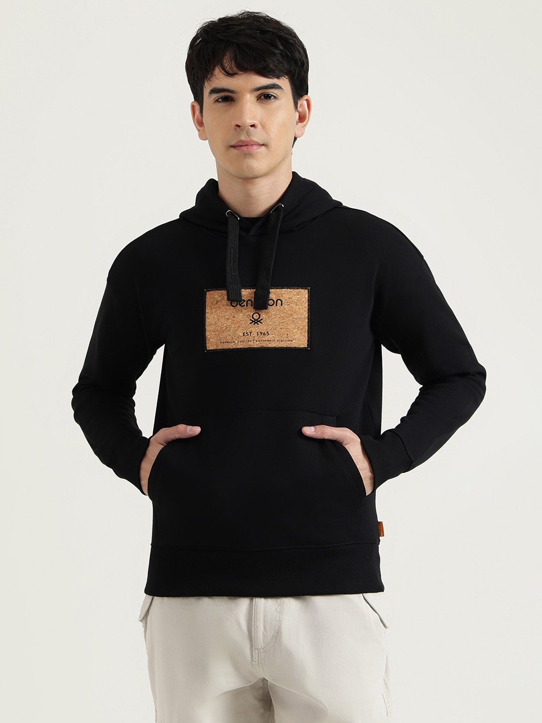 United Colors of Benetton Boxy Fit Hooded Neck Patchwork Branded Patch Fleece Sweatshirt