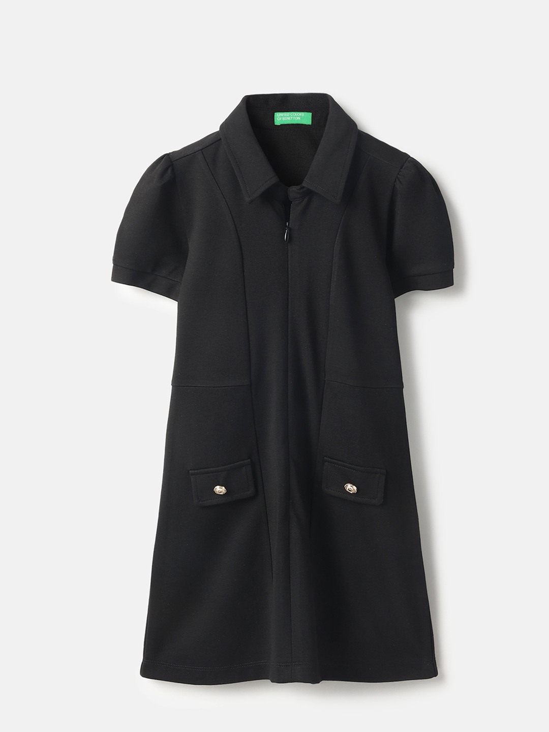 United Colors of Benetton Regular Fit Polo Neck Solid Gold Button Interlock Dress
