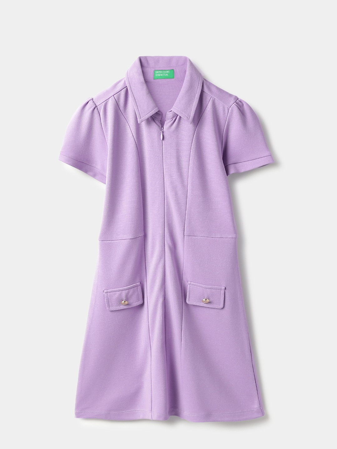 United Colors of Benetton Regular Fit Polo Neck Solid Gold Button Interlock Dress
