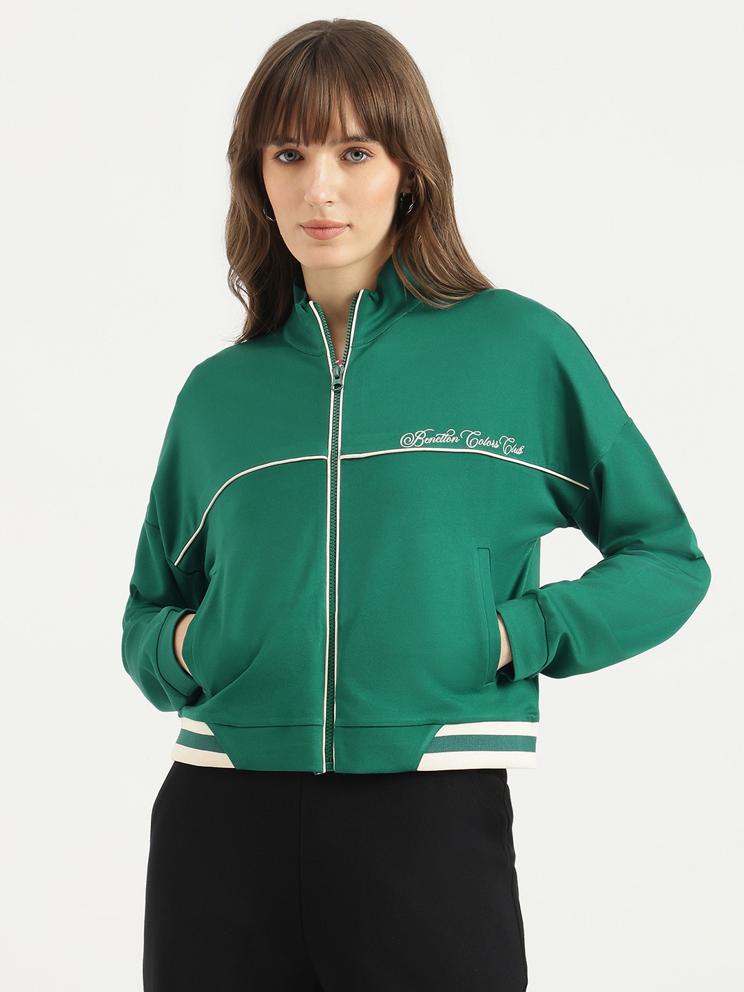 United Colors of Benetton Mock Neck Solid Ponte Zip Up Jacket