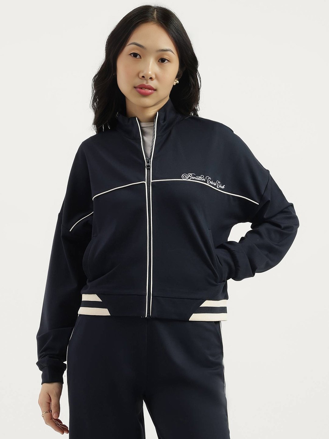 United Colors of Benetton Mock Neck Solid Ponte Zip Up Jacket