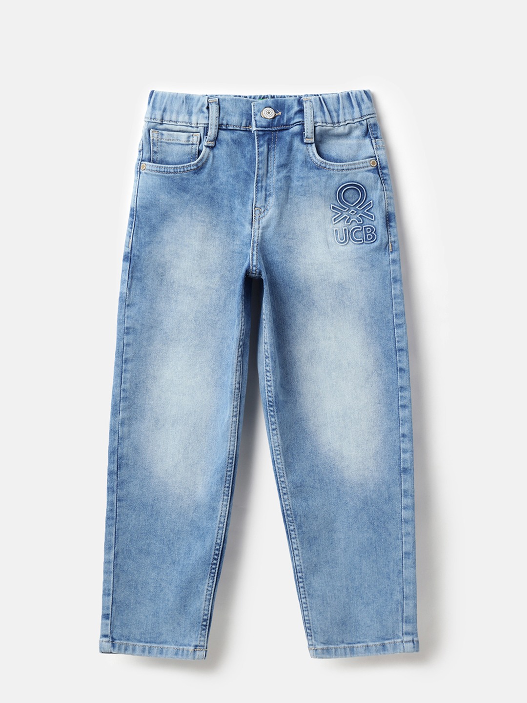 United Colors of Benetton Solid Slouchy Fit Light Wash Embossing At Front Denim Jeans