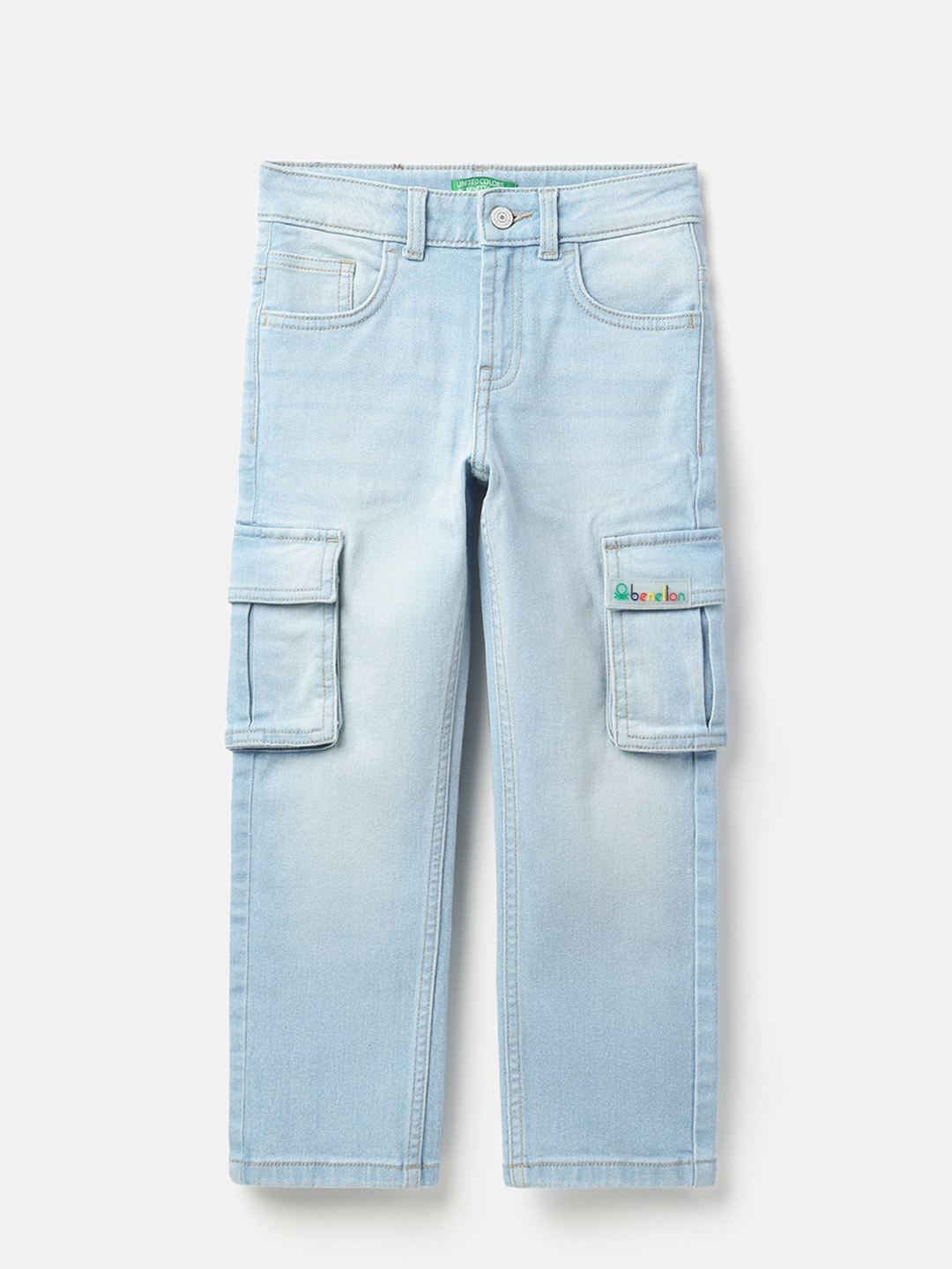 United Colors of Benetton Solid Straight Fit Ice Wash Cargo Pocket Denim Jeans