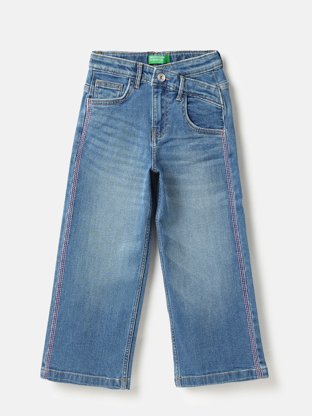 United Colors of Benetton Solid Wide Leg Fit Overlap Contrast Stitch Denim Jeans