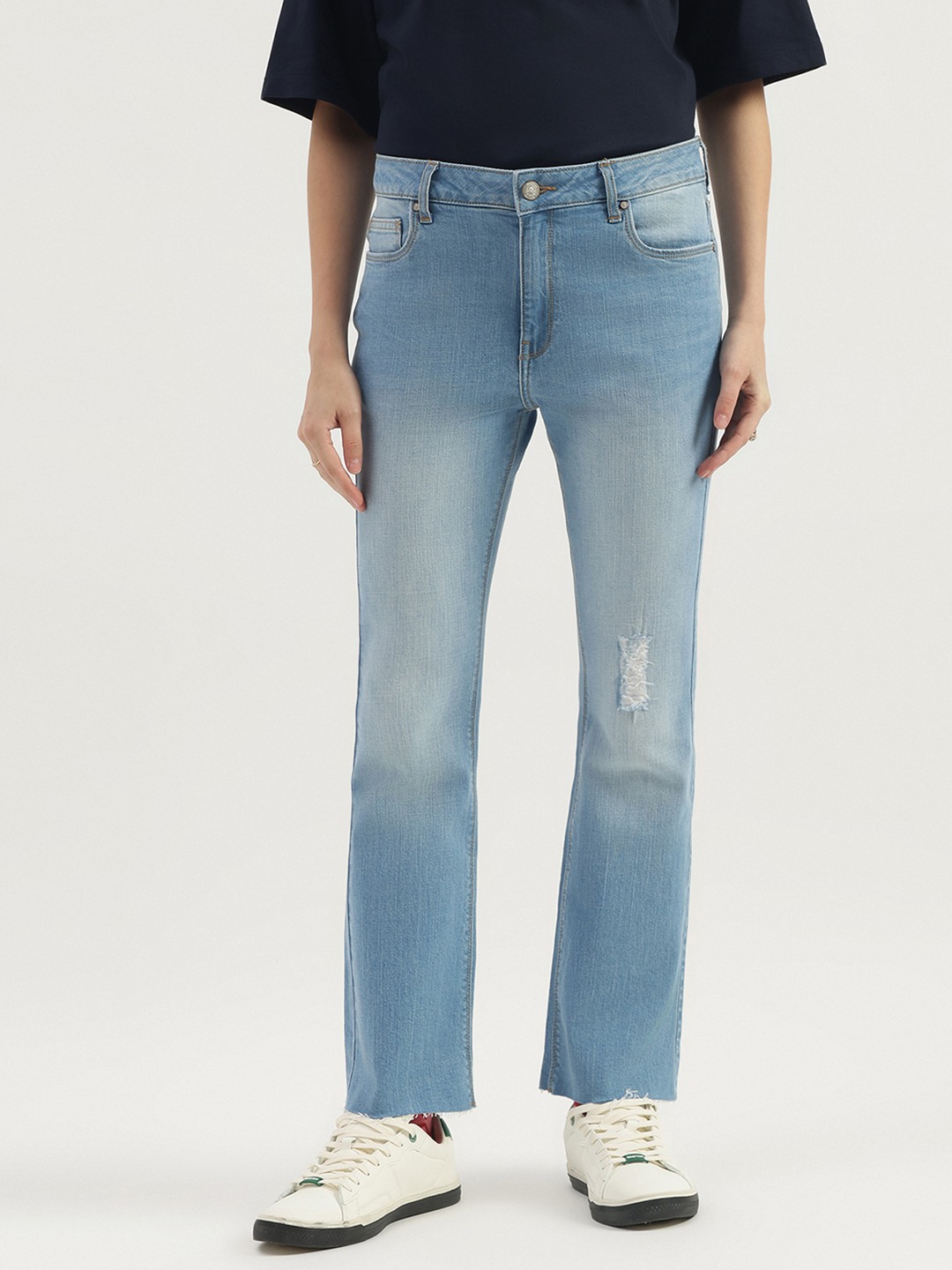 United Colors of Benetton Solid Bootcut Fit Raw Edges Denim Jeans