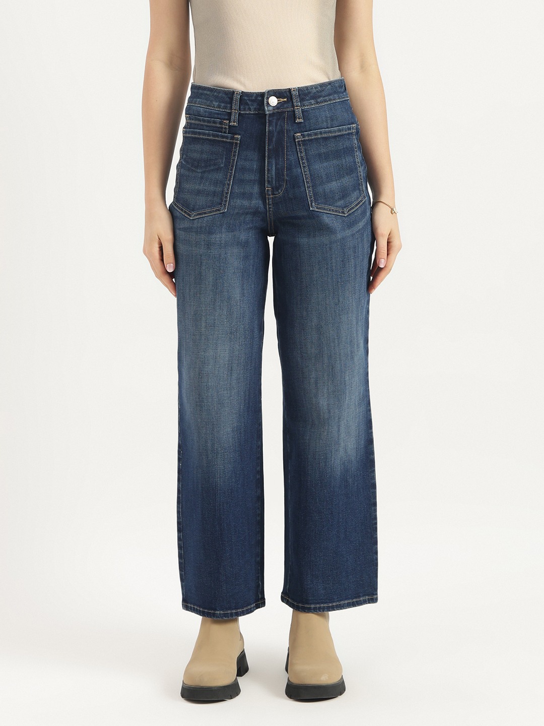 United Colors of Benetton Solid Wide Leg Fit High Waisted Dark Wash Denim Jeans