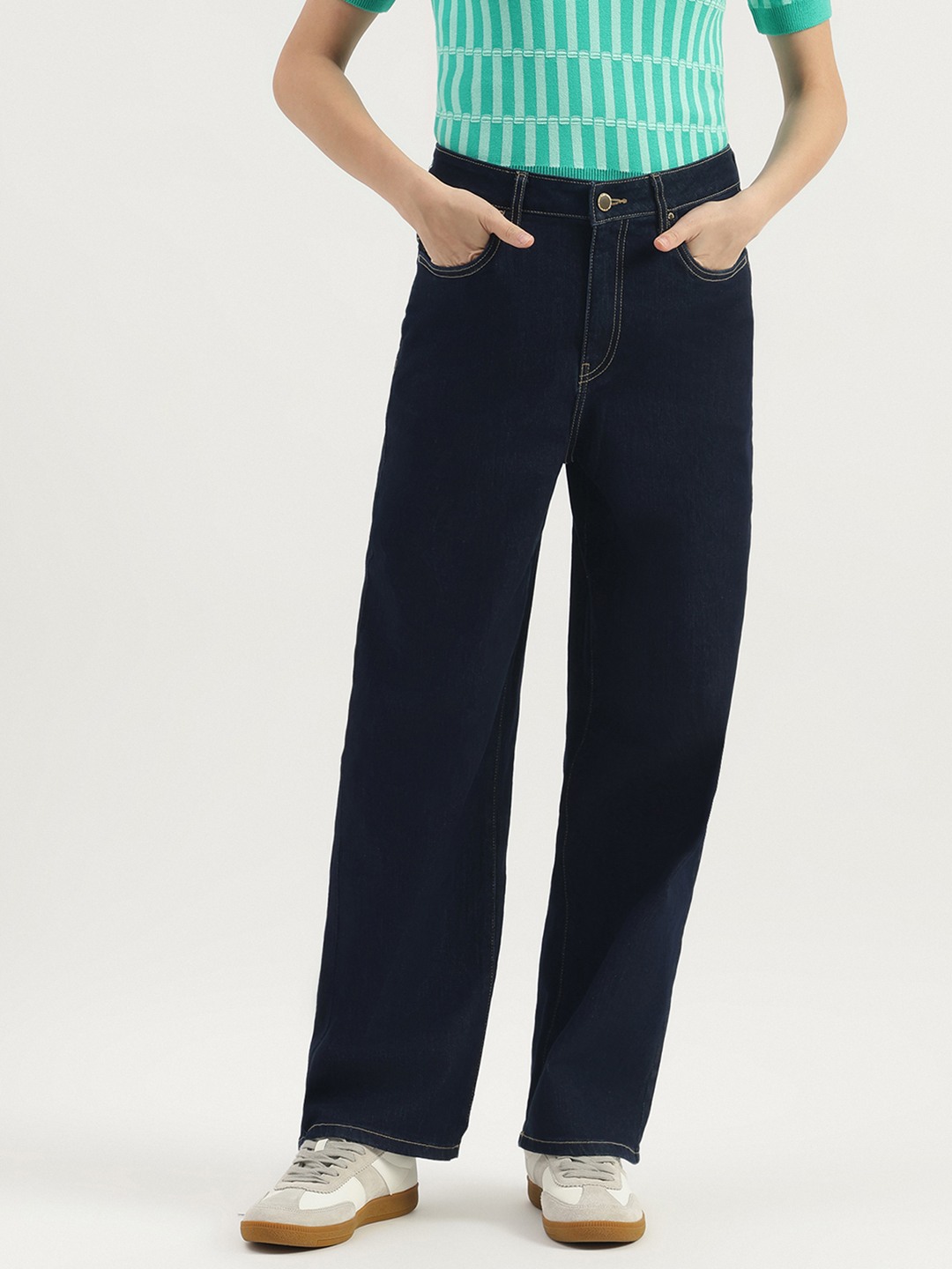 United Colors of Benetton Solid Wide Leg Fit Raw Wash Denim Jeans