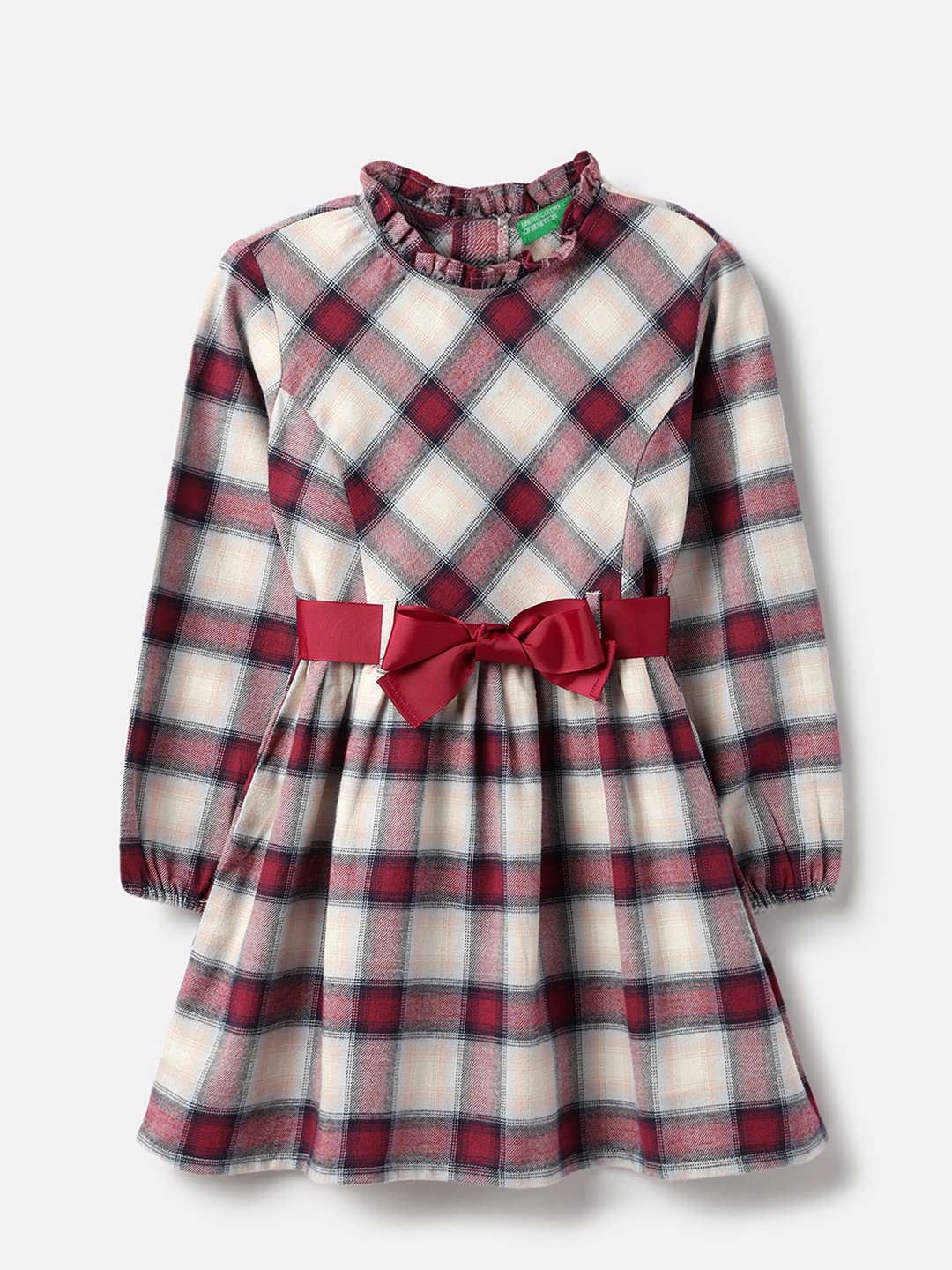 United Colors of Benetton Regular Fit Ruffle Collar Checkered Dress