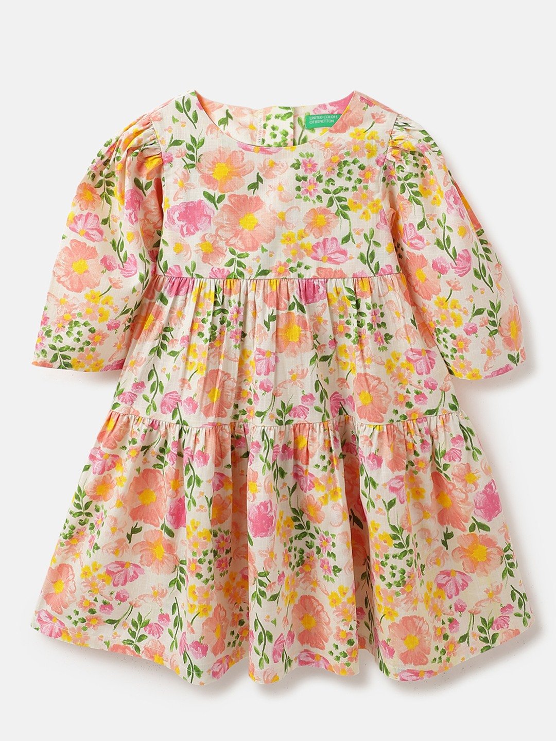 United Colors of Benetton Regular Fit Round Neck Floral Scrunchy Tiered Dress