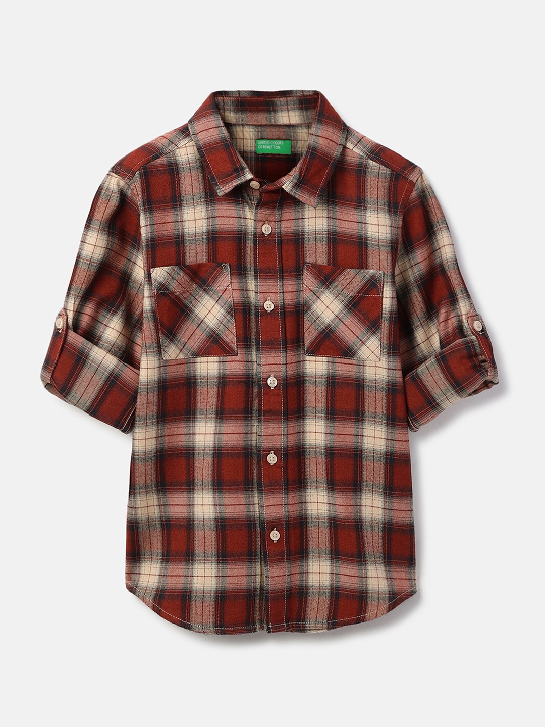 United Colors of Benetton Regular Fit Spread Collar Checkered Double Pocket Soft Flannel Shirt