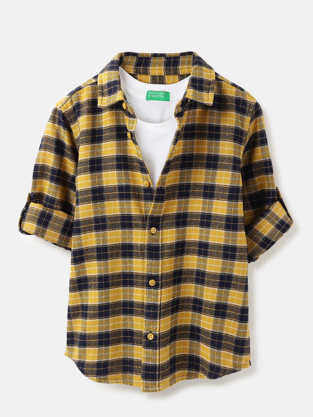 United Colors of Benetton Regular Fit Spread Collar Checkered Bright Brushed Twill Shirt with Tee
