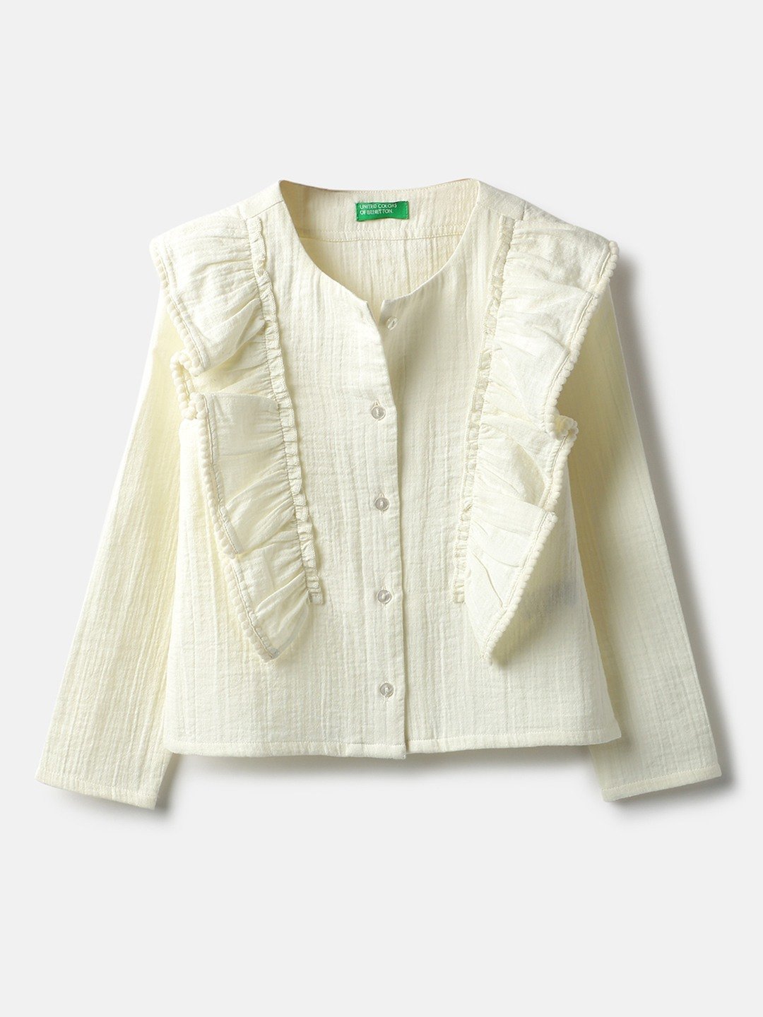 United Colors of Benetton Regular Fit Round Neck Textured Double Cloth Ruffle Top