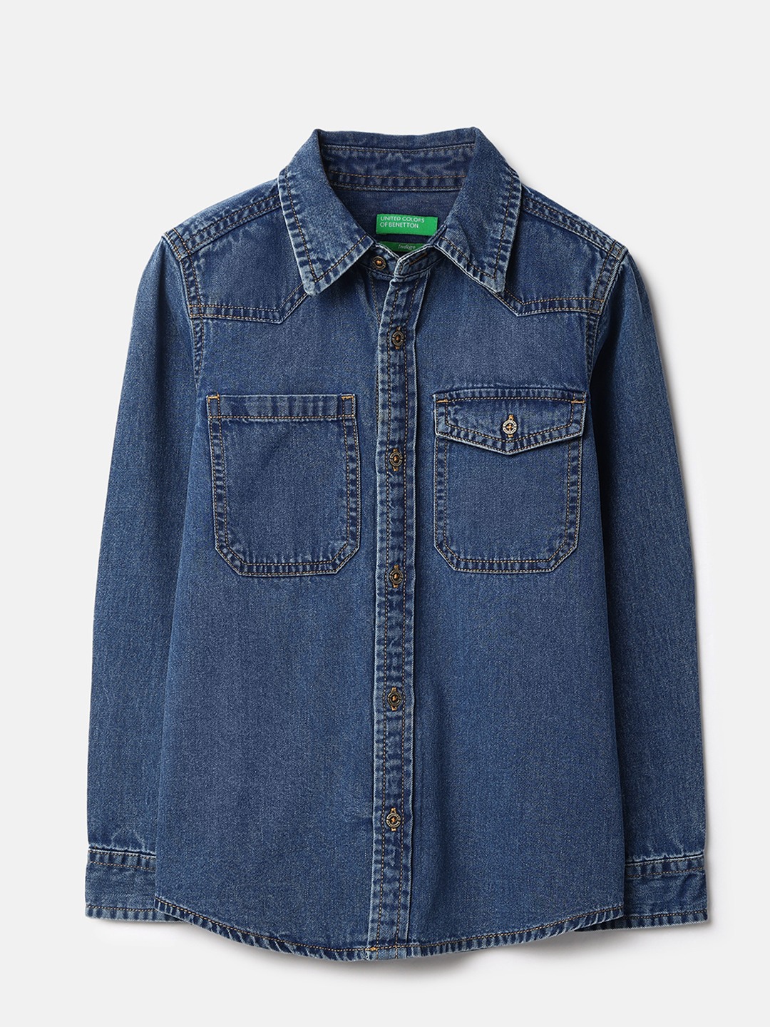 United Colors of Benetton Regular Fit Spread Collar Solid Double Pocket Denim Shirt