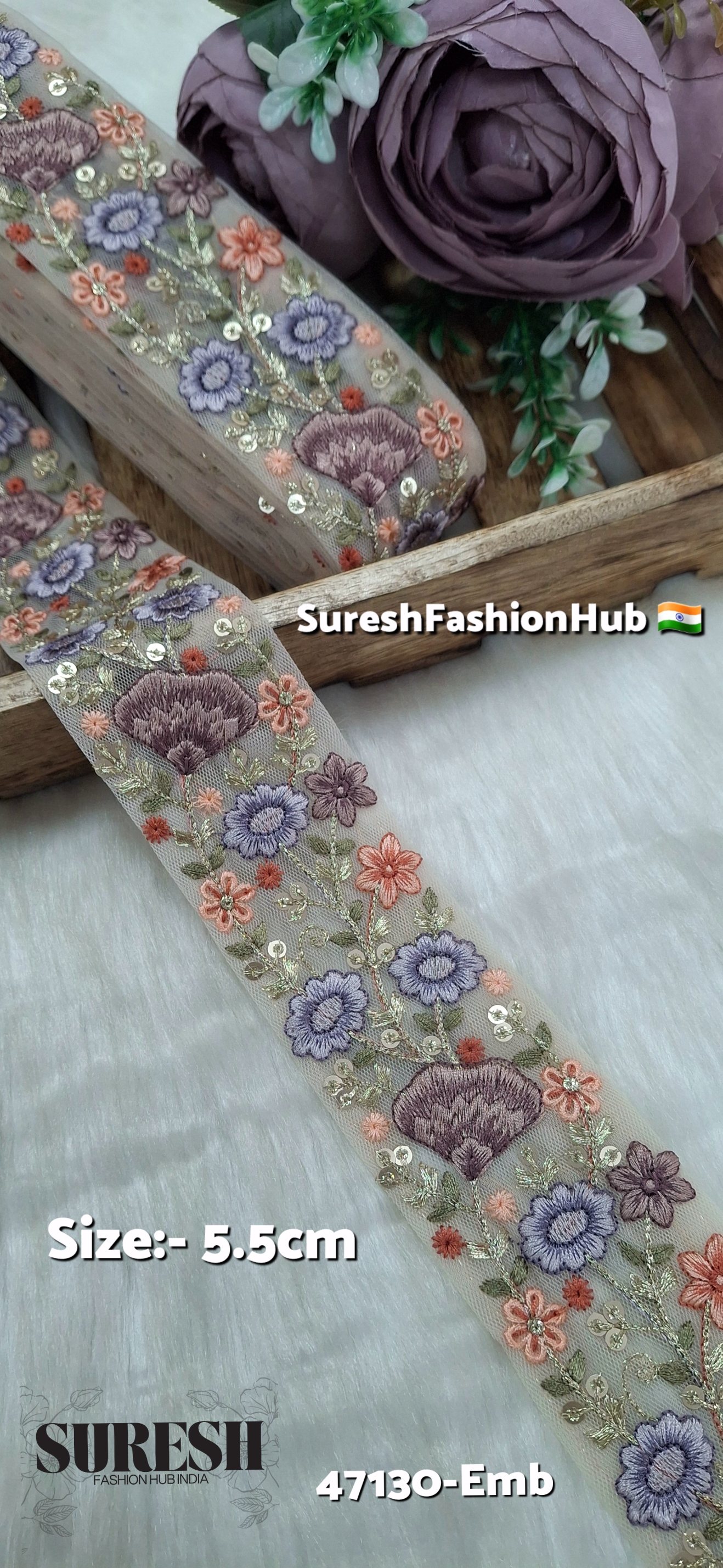 Peach Net Multi-Thread Floral Embroidery Lace