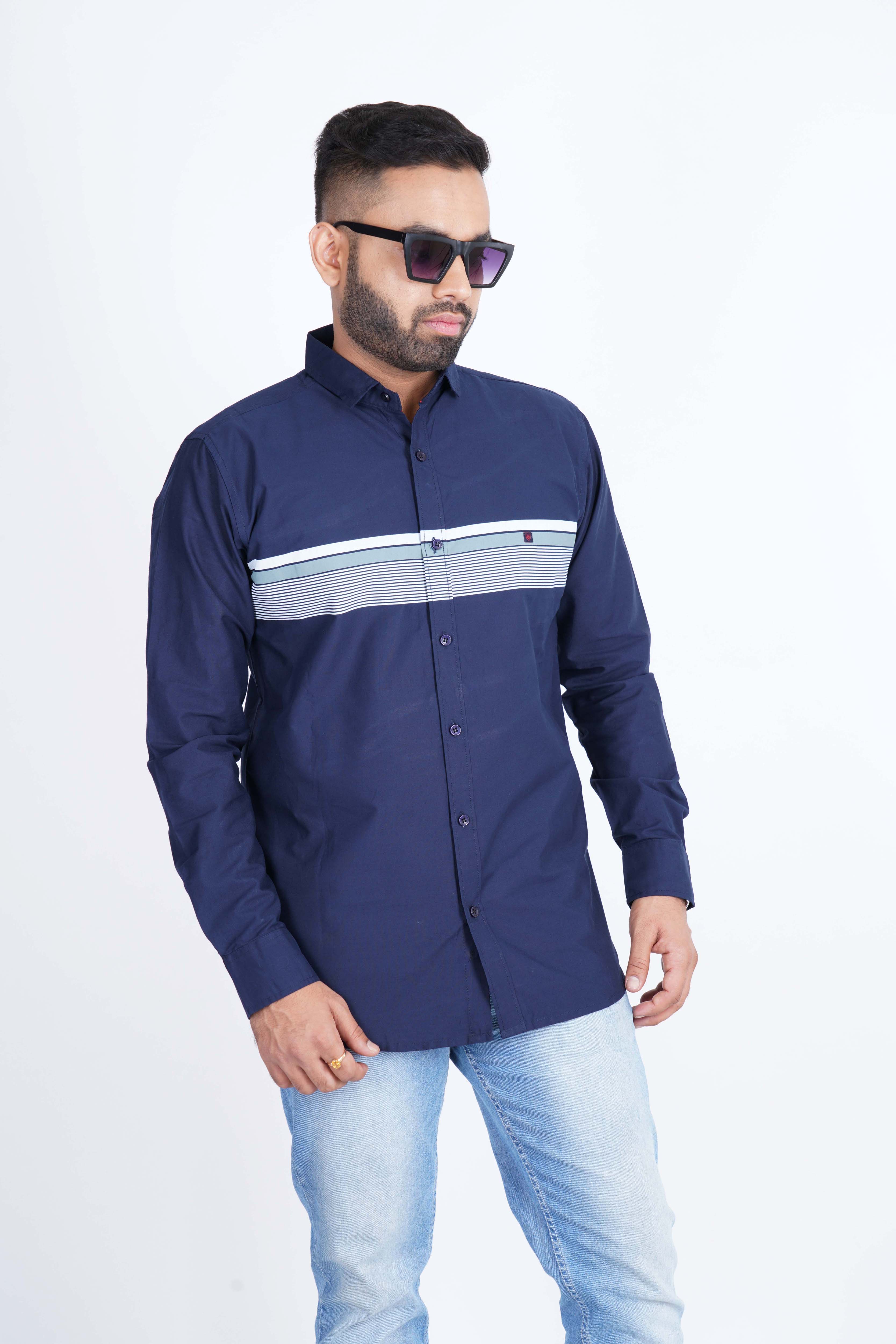 Navy Blue Panel Cotton Shirt
