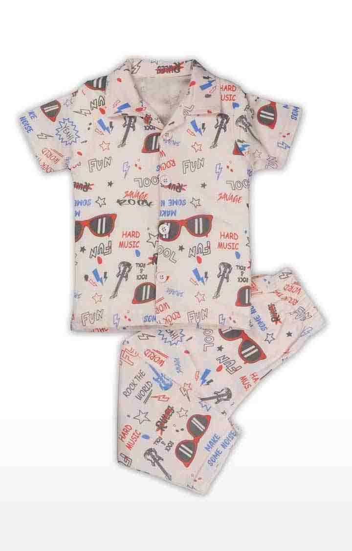 Aaakar Beige All Over Print Full Sleeves Nightsuit 