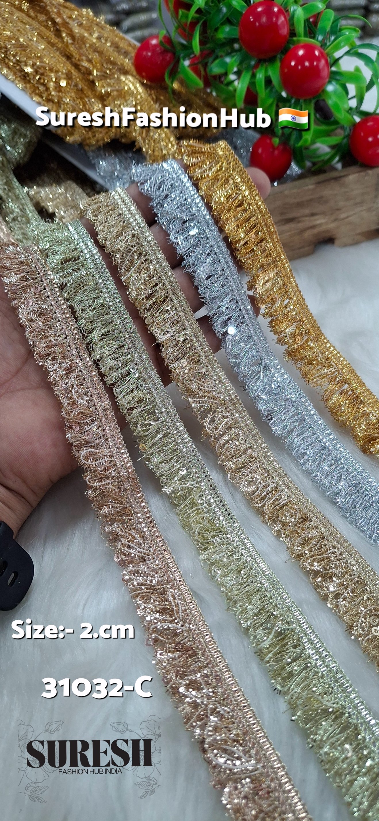 Rose Gold Zari Feather Sequin Fringe Lace – Design 31032-C