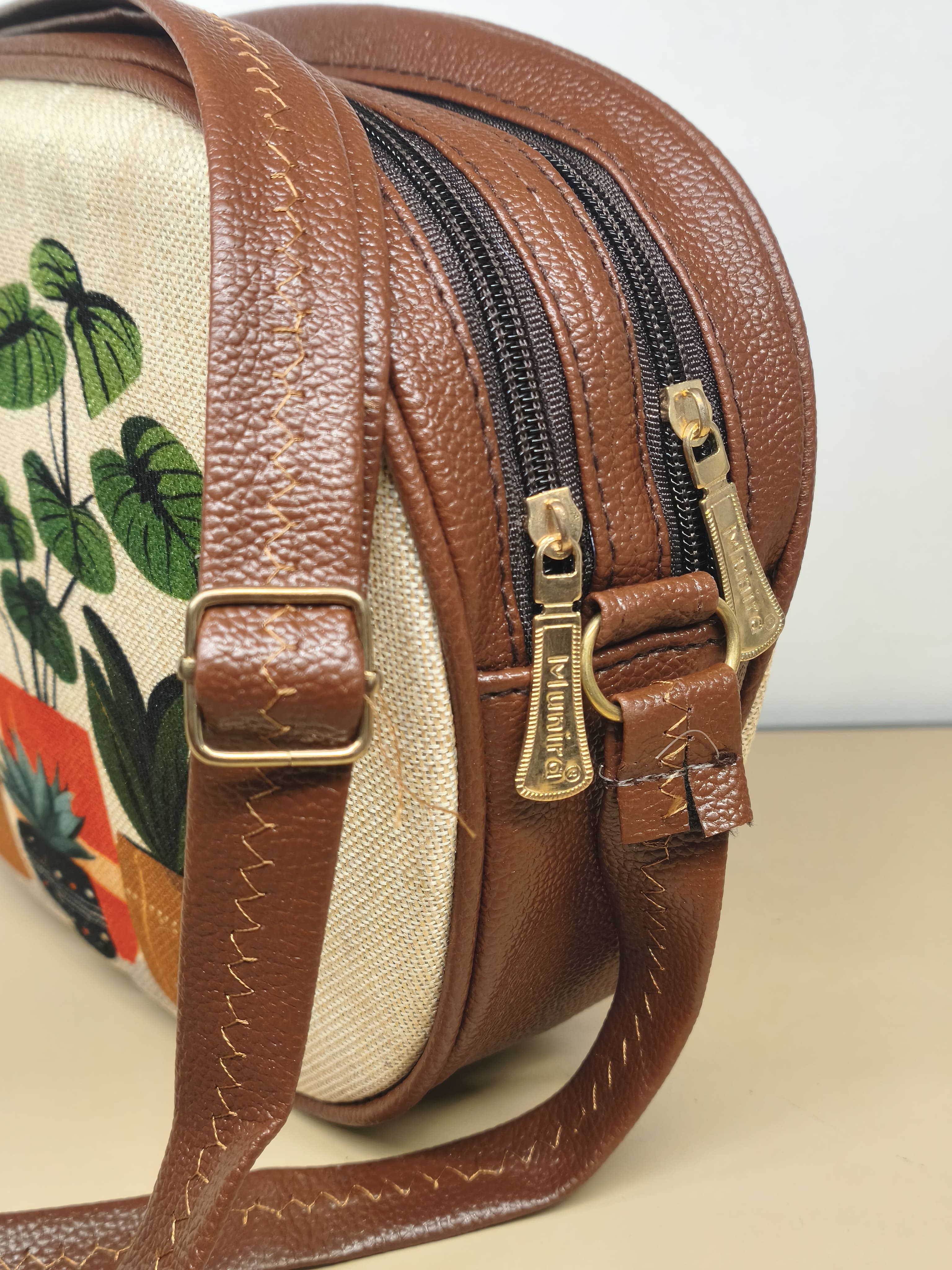 Bengal Classic Co Women's Plant Print Canvas Sling Bag with Brown Trim
