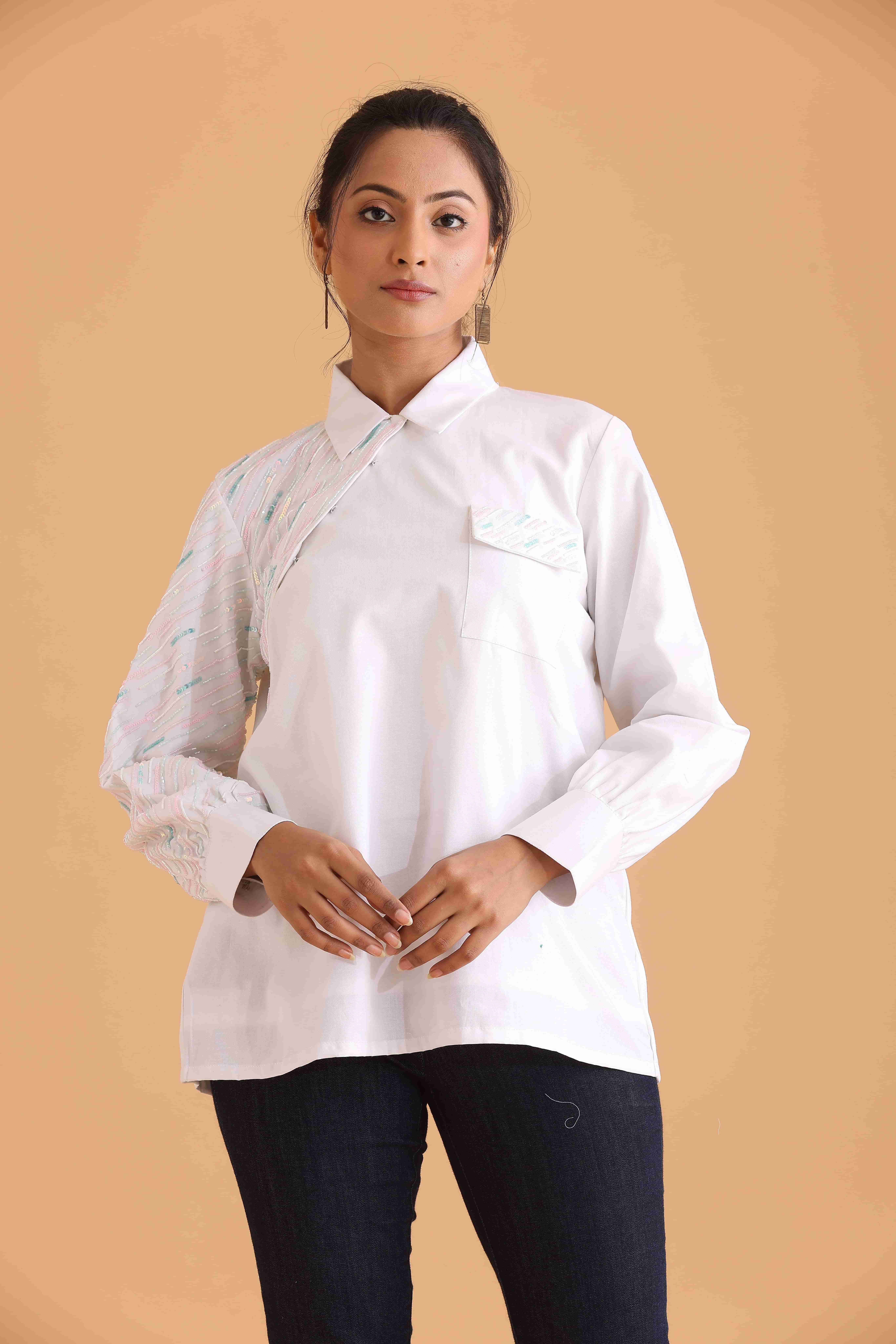 Asymmetric shirt with Textured Embellished Sleeve