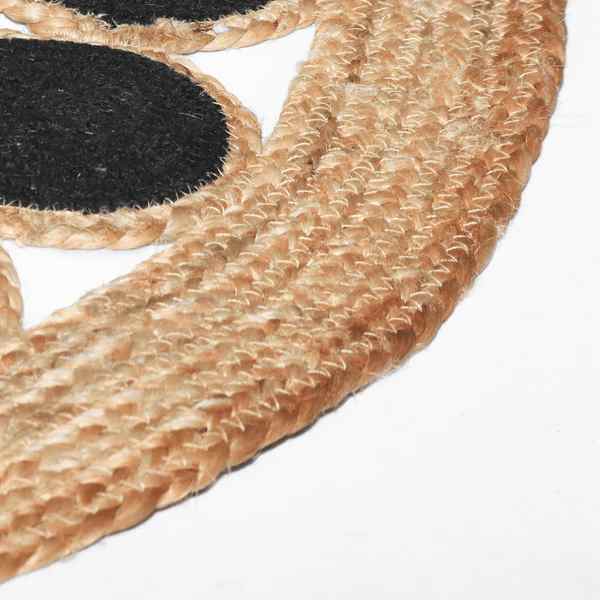 Round Handwoven Jute Rug with Black Circular Border Design – Natural Beige & Black Boho Braided Area Rug for Living Room, Bedroom & Entryway