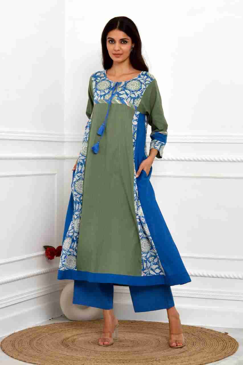 Naksh Green And Blue Solid Kalidar Kurta With Pants (Set of 2)