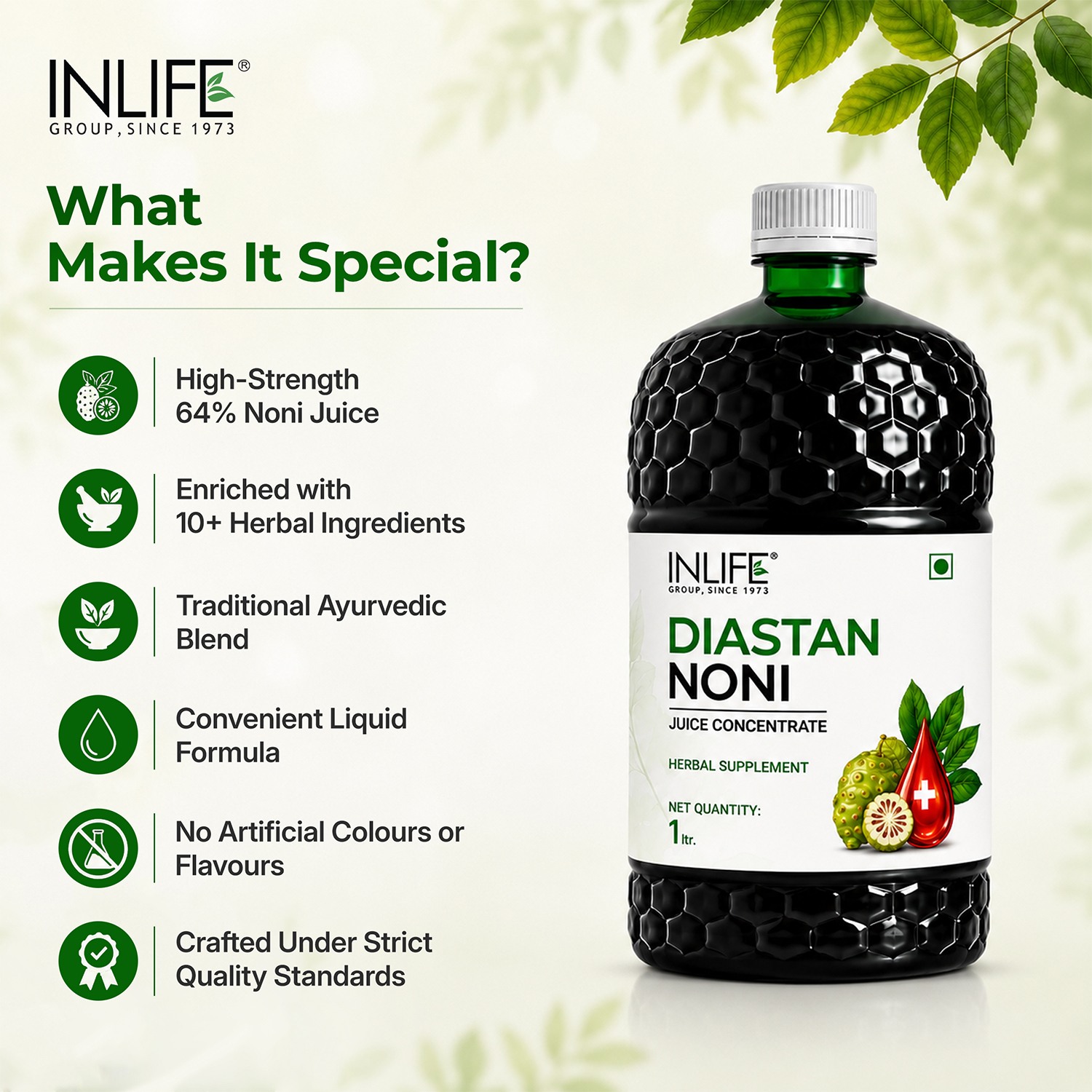 Inlife | Diastan Noni for Diabetic Care, Juice Concentrate, Gymnema Sylvestre, Fenugreek, Karela, Jamun and other powerful herbs | 1 Litre