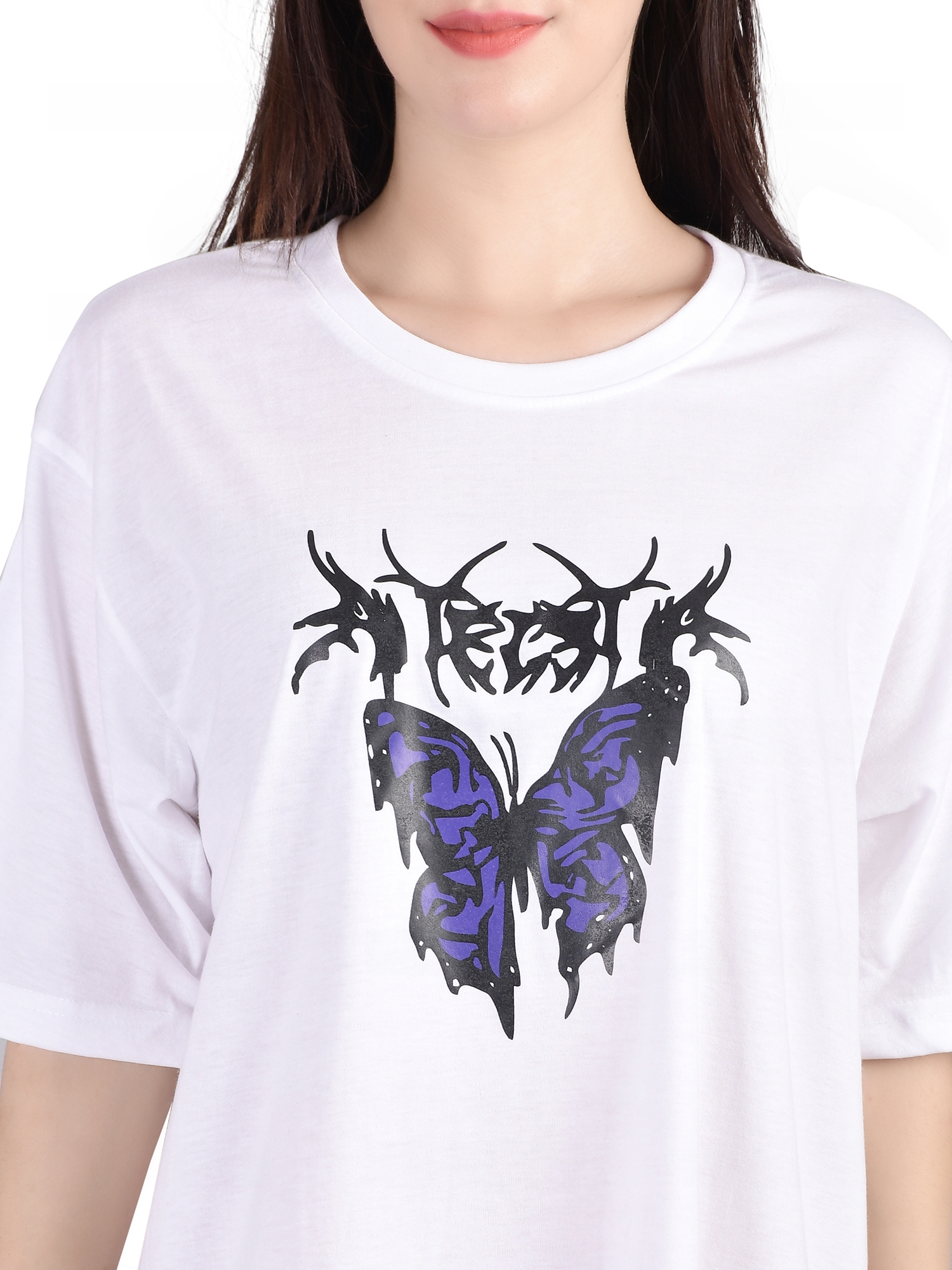 Stylish Butterfly : Quirky Printed Oversized Women's Tees In White Color