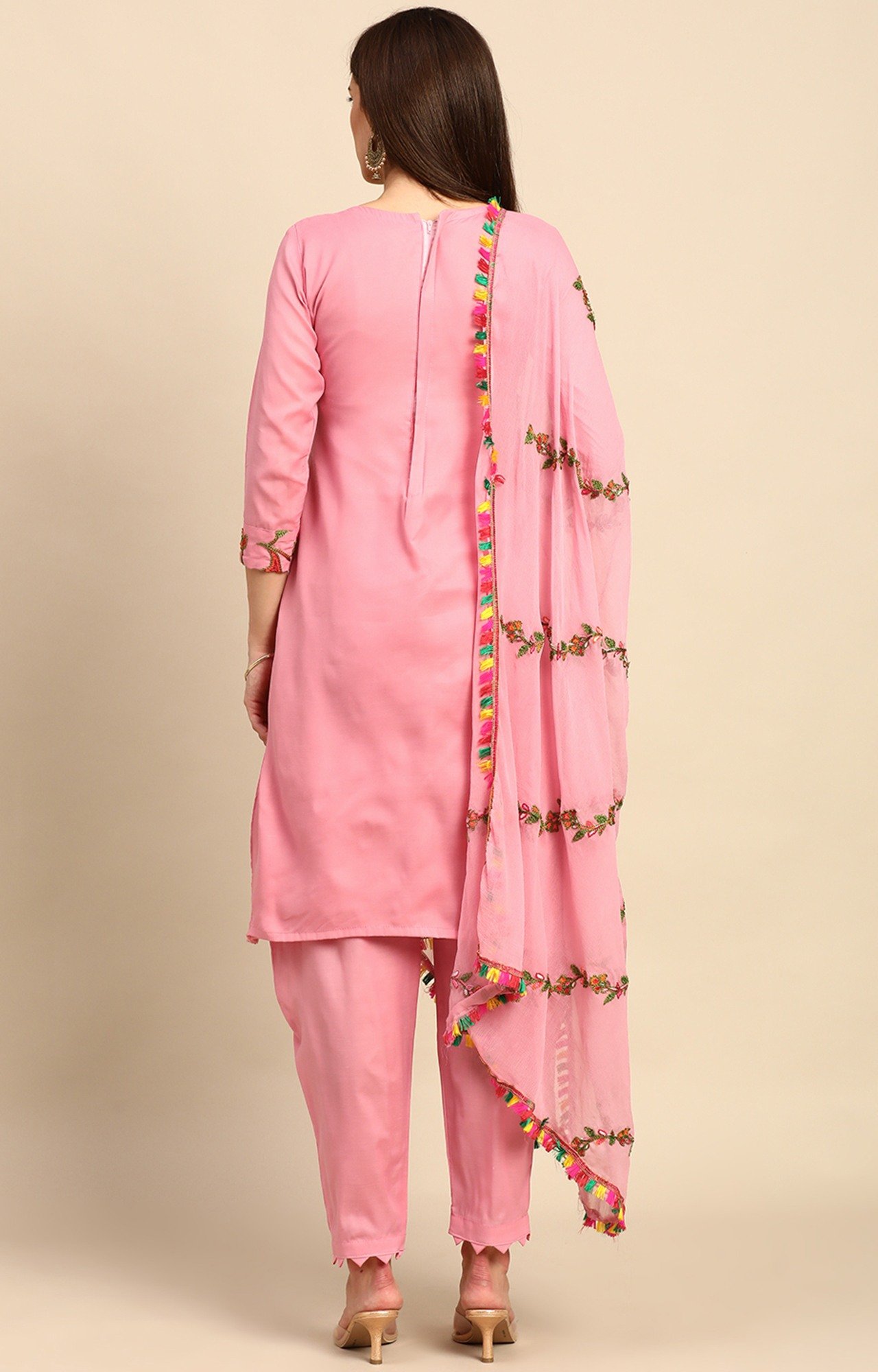 Shaily Women Pink Color Cotton Embroidered With Tessels Unstitched Dress Material-VF_LILY_PNK_DM