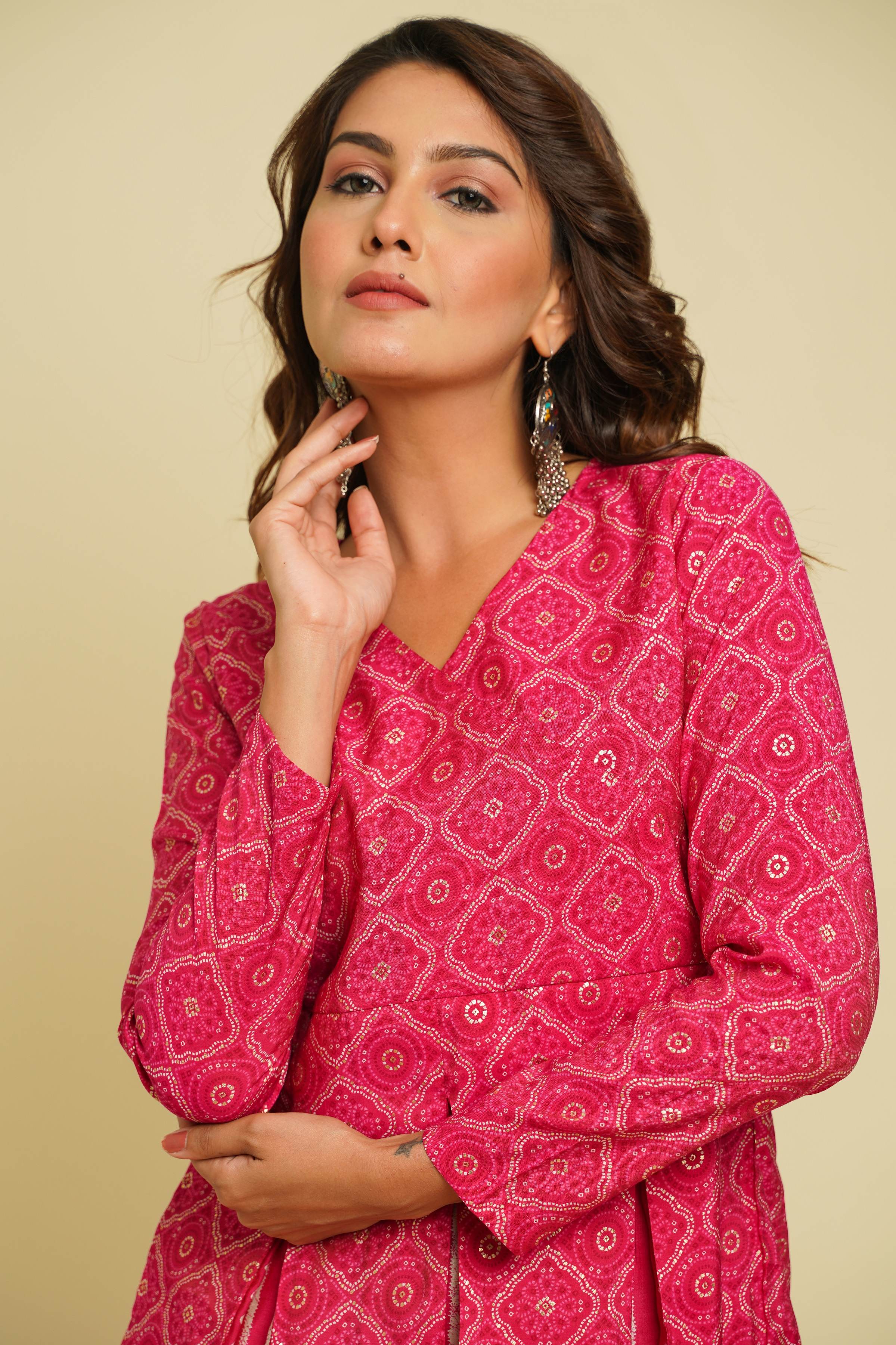 BEAUTIFUL FUSCHIA PRINTED V-NECK DESIGN CO-ORD SET