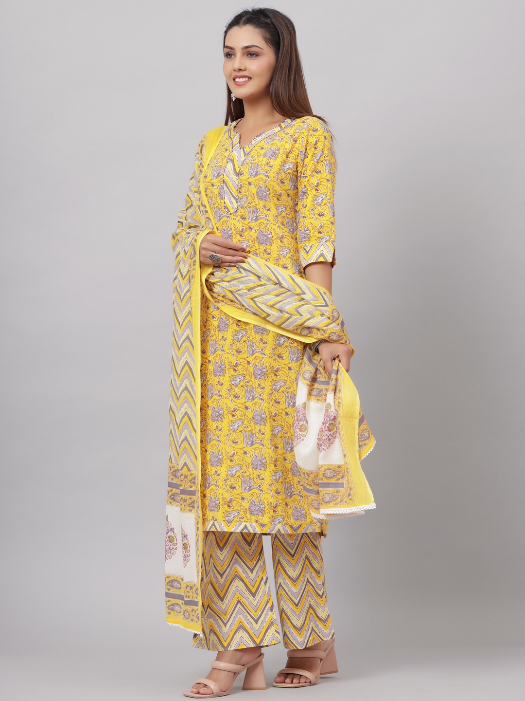 COTTON ETHNIC YELLOW PRINTED KURTA SET