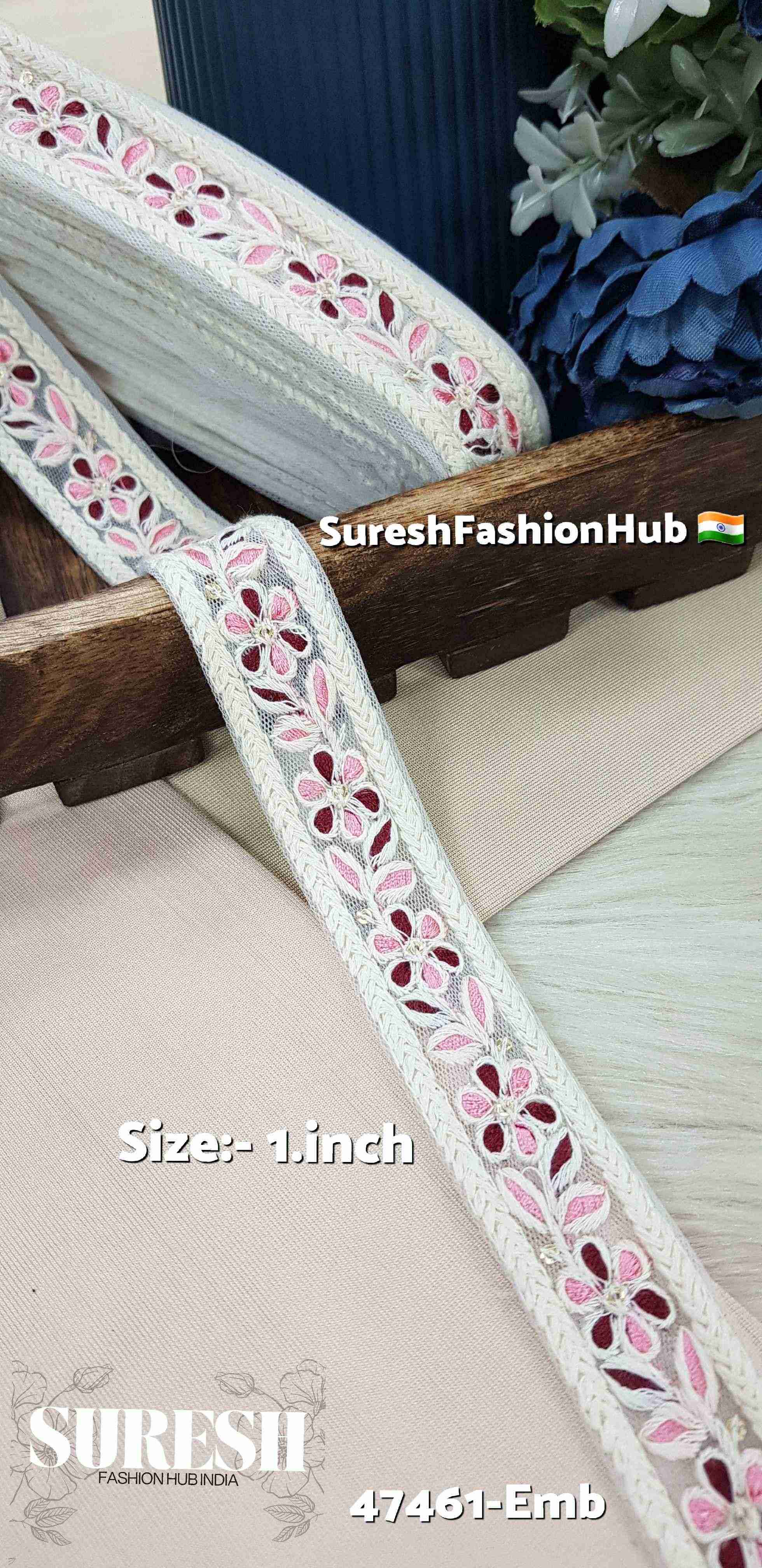 Baby Pink & Maroon Floral Net Lace