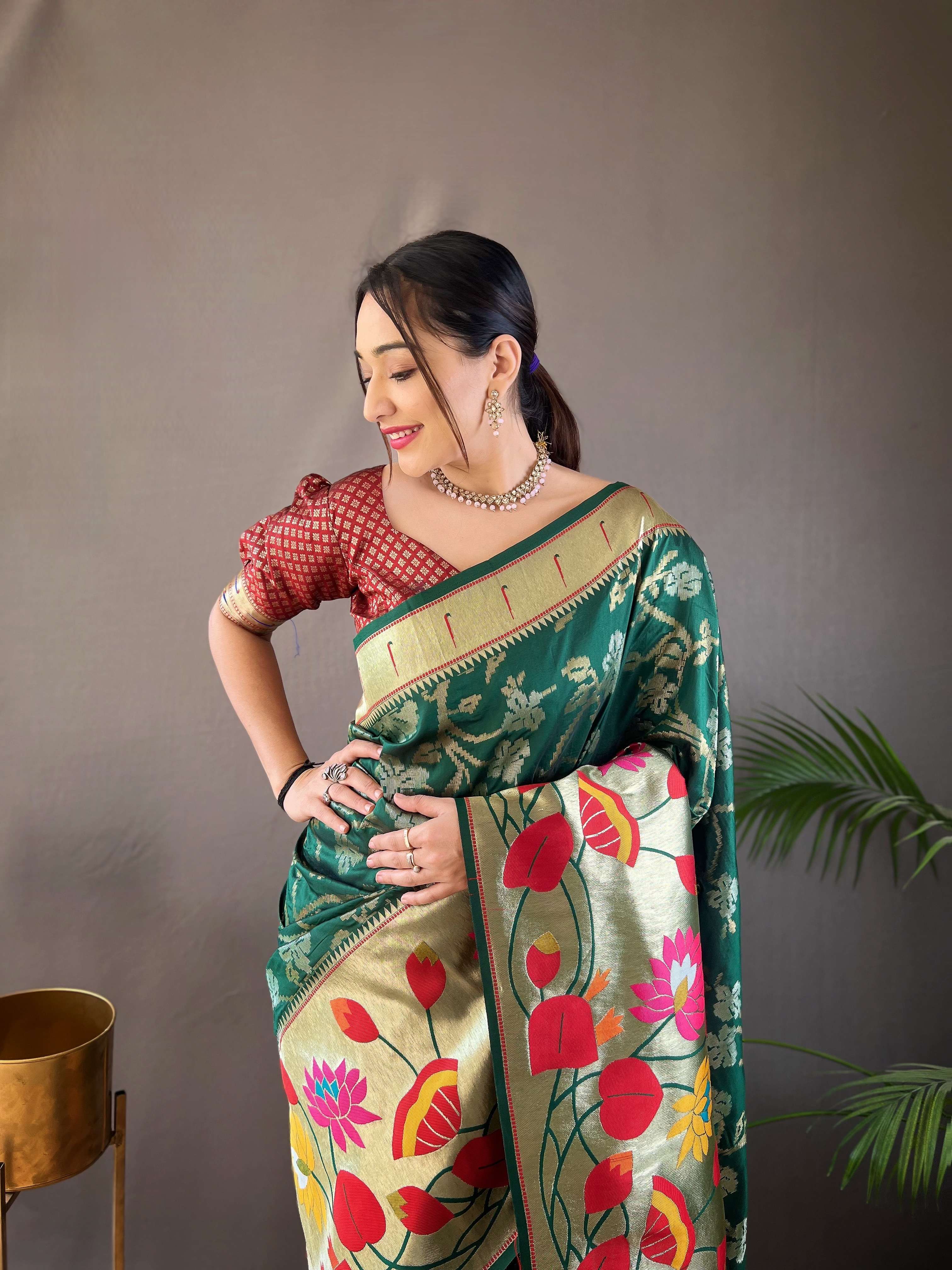 Tasarika Women Silk Gold and silver zari weaved paithani pallu Green Saree Geeta_Green 2
