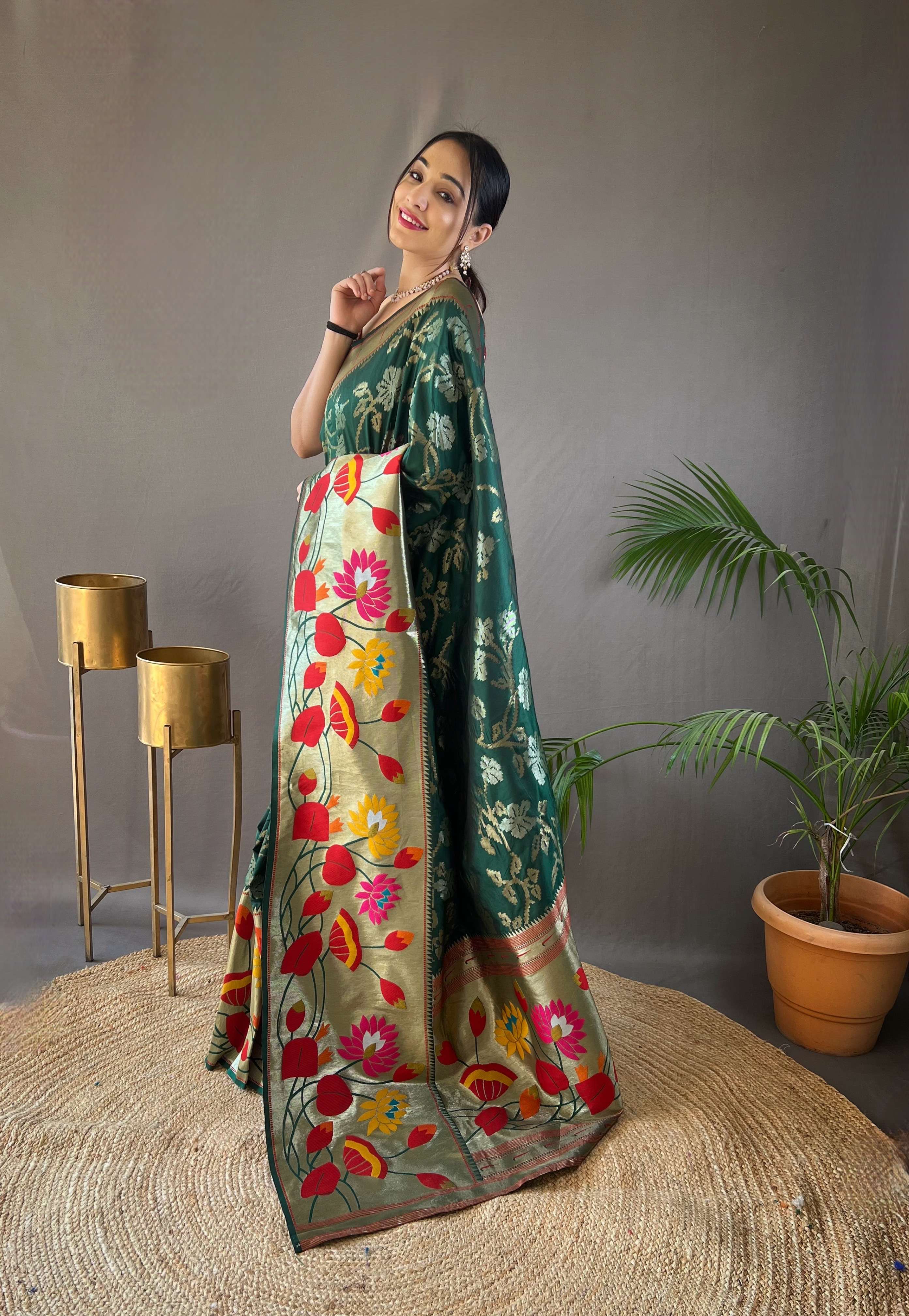 Tasarika Women Silk Gold and silver zari weaved paithani pallu Green Saree Geeta_Green 2