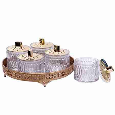 Jaypee Plus Elara Premium Set Golden Transparent Container with Metalic Frame and Base Mirror Glass Tray